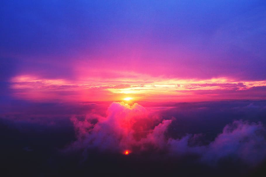 white clouds on sky, sunset, dusk, purple, pink, aerial, view HD wallpaper