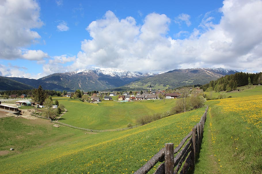 landscape, nature, panorama, sky, grass, spring, mariapfarr HD wallpaper