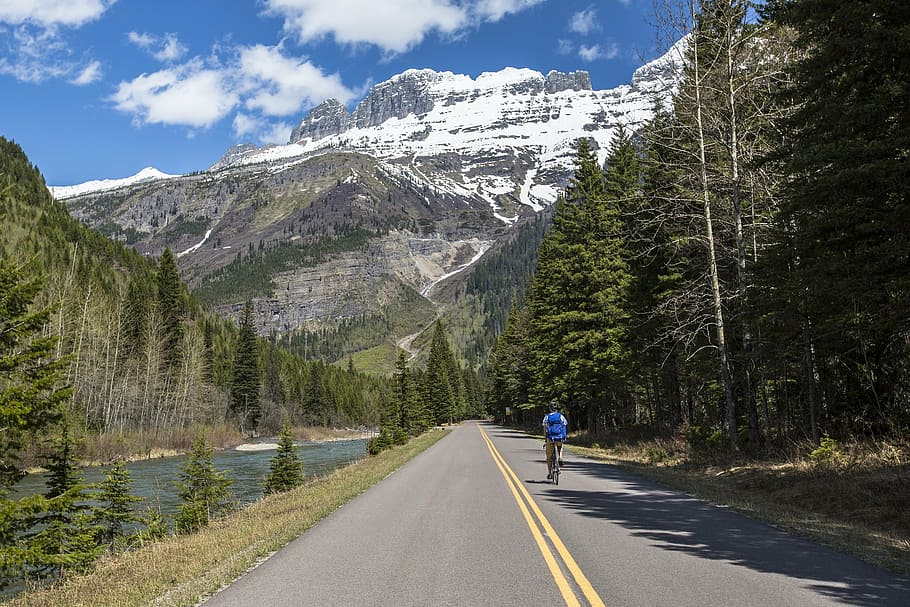 biking, highway, glacier national park, outdoors, mountains, HD wallpaper