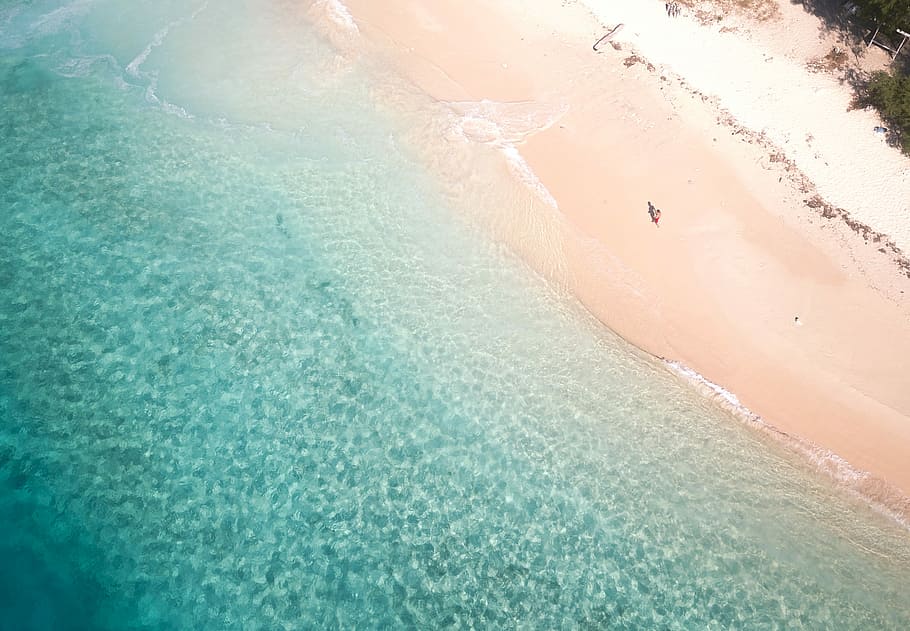 areal photography of person on white sand beach, aerial view of body of water HD wallpaper
