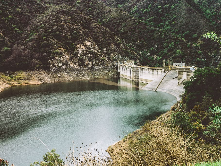 body of water in the middle of hills and concrete wall, dam, lake HD wallpaper