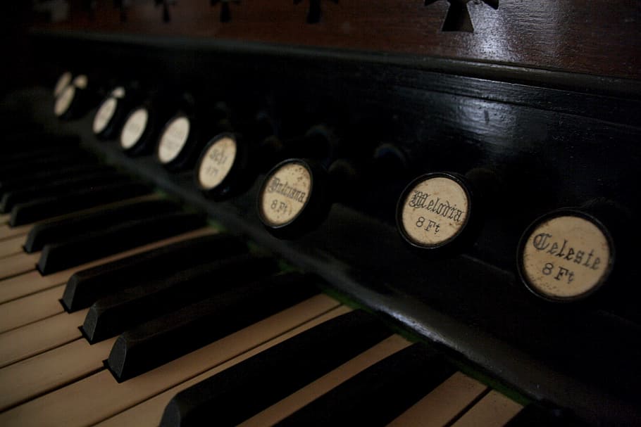 black and white piano key close-up photo, keys, rustic, antique HD wallpaper
