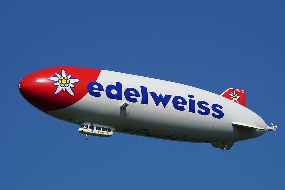 Event, Zeppelin, flugshow, blue, airplane, red, air vehicle HD wallpaper