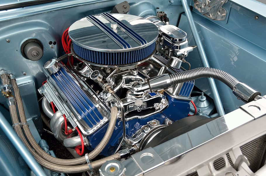 blue and chrome vehicle engine on blue car, car engine, motor