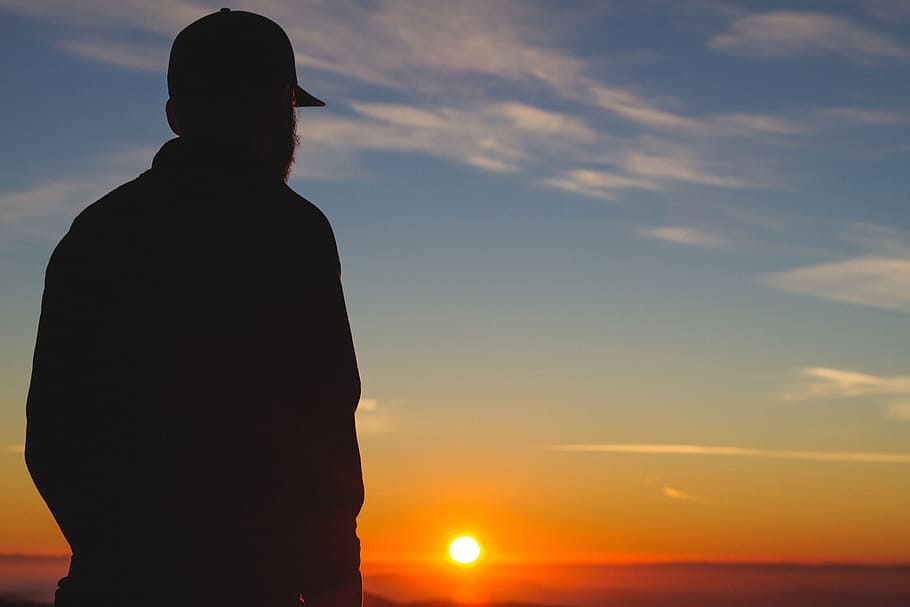 guy, man, silhouette, sunset, dusk, sky, people, one person HD wallpaper