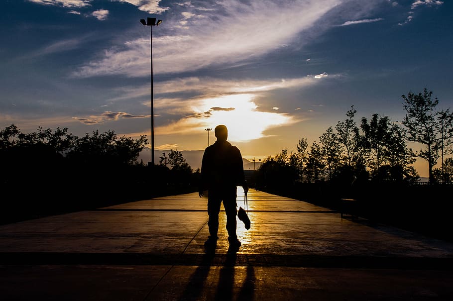 sunset, human, shadow, reverse light, peace, sky, silhouette HD wallpaper