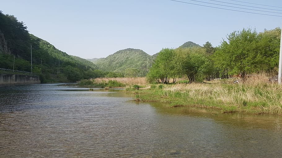 mountain, river, landscape, tree, water, plant, nature, sky HD wallpaper