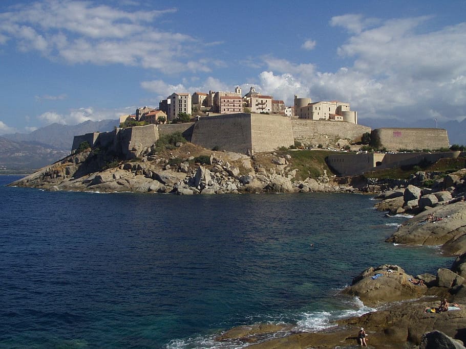 corsica, calvi, city wall, old town, sea, water, architecture