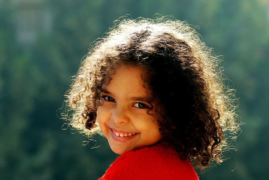 girl wearing red shirt, child, egypt, faces, smile, curly, hair HD wallpaper