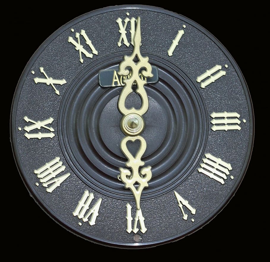 black analog clock at 6, face, dial, close-up, roman numerals