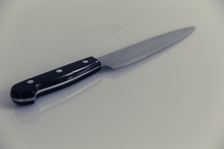 black handle knife on white surface, sharp, kitchen, utensils HD wallpaper