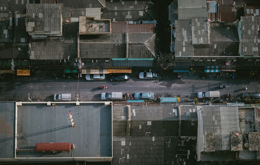 aerial view photography of cars on roadside, top, perspective HD wallpaper
