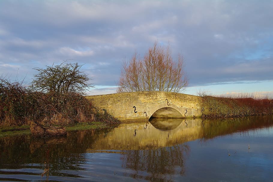 Bridge, Stone, Lake, Calm, Quiet, countryside, nature, tree HD wallpaper