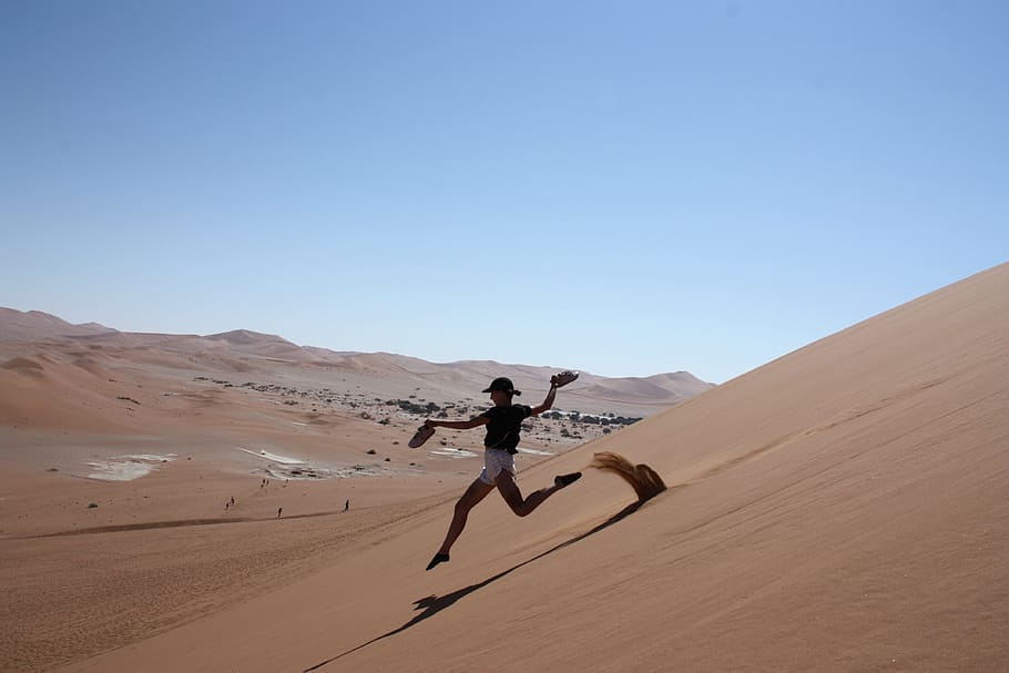 namibia, desert, sand dune, land, full length, one person, sky HD wallpaper