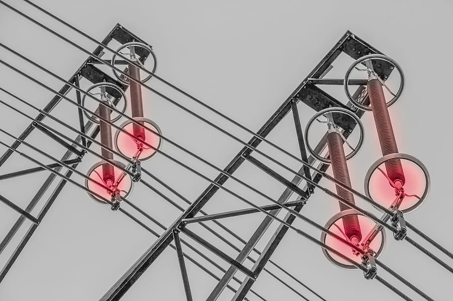 low-angle photography of electric transmitters, steel, strommast HD wallpaper
