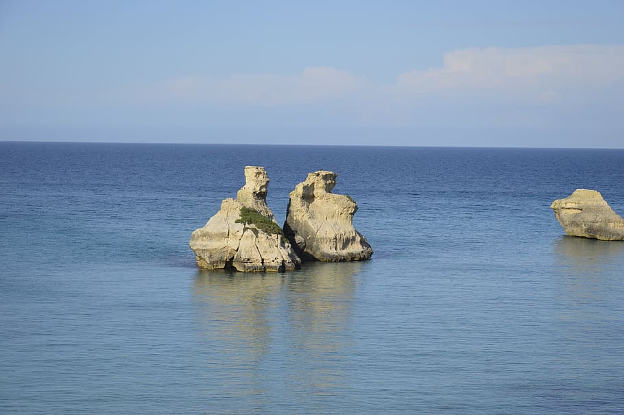 sea, two rocks, salento, water, horizon over water, sky, scenics - nature HD wallpaper