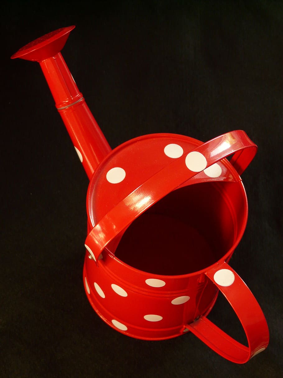 watering can, casting, red, points, white, small, plant, single Object HD wallpaper
