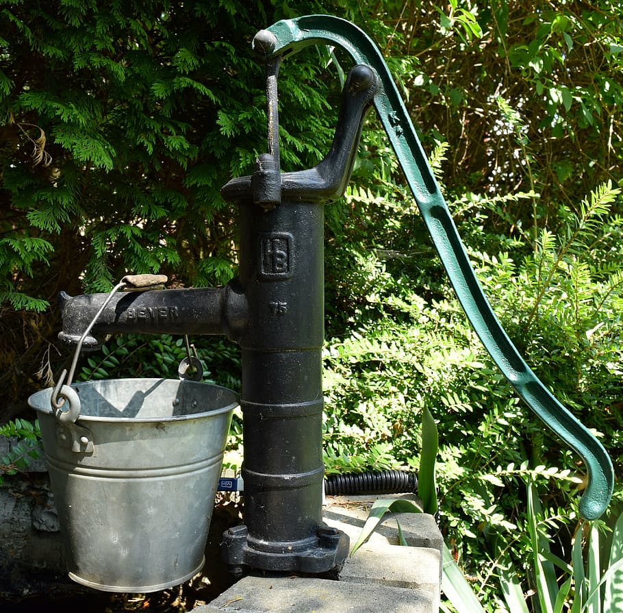 black water hand pump and gray bucket, garden pump, flow, casting, HD wallpaper