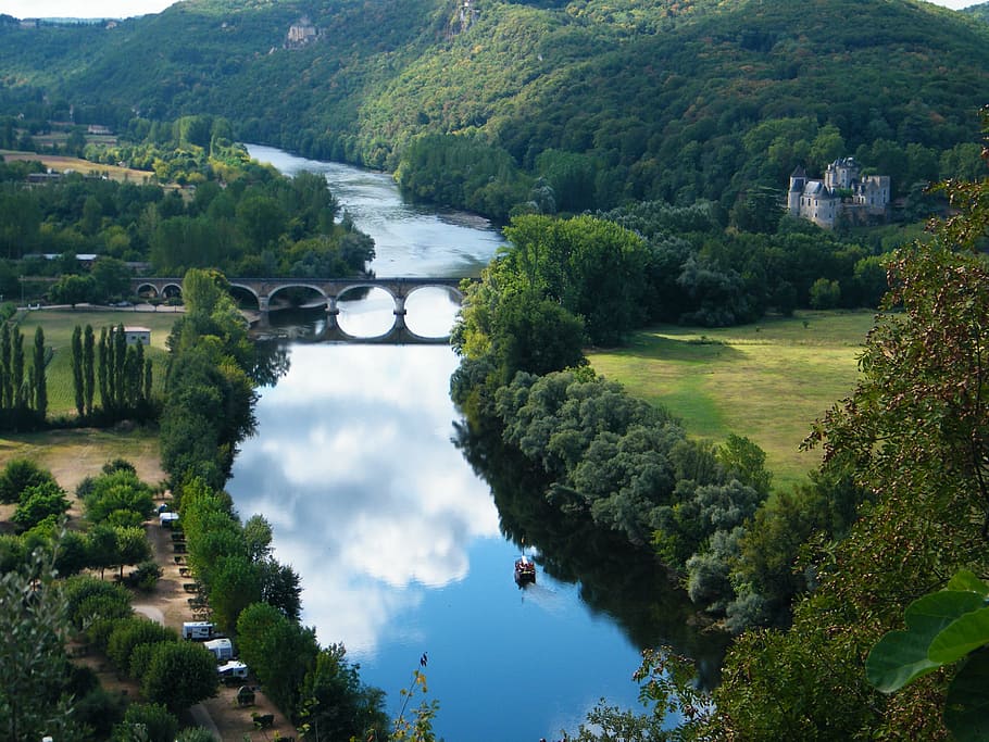 river between trees, dordogne, chateau, castle, boat, bridge, HD wallpaper