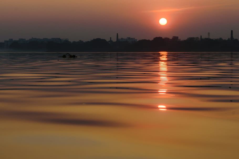 sunset, dawn, water, dusk, evening, reflection, nature, beach HD wallpaper