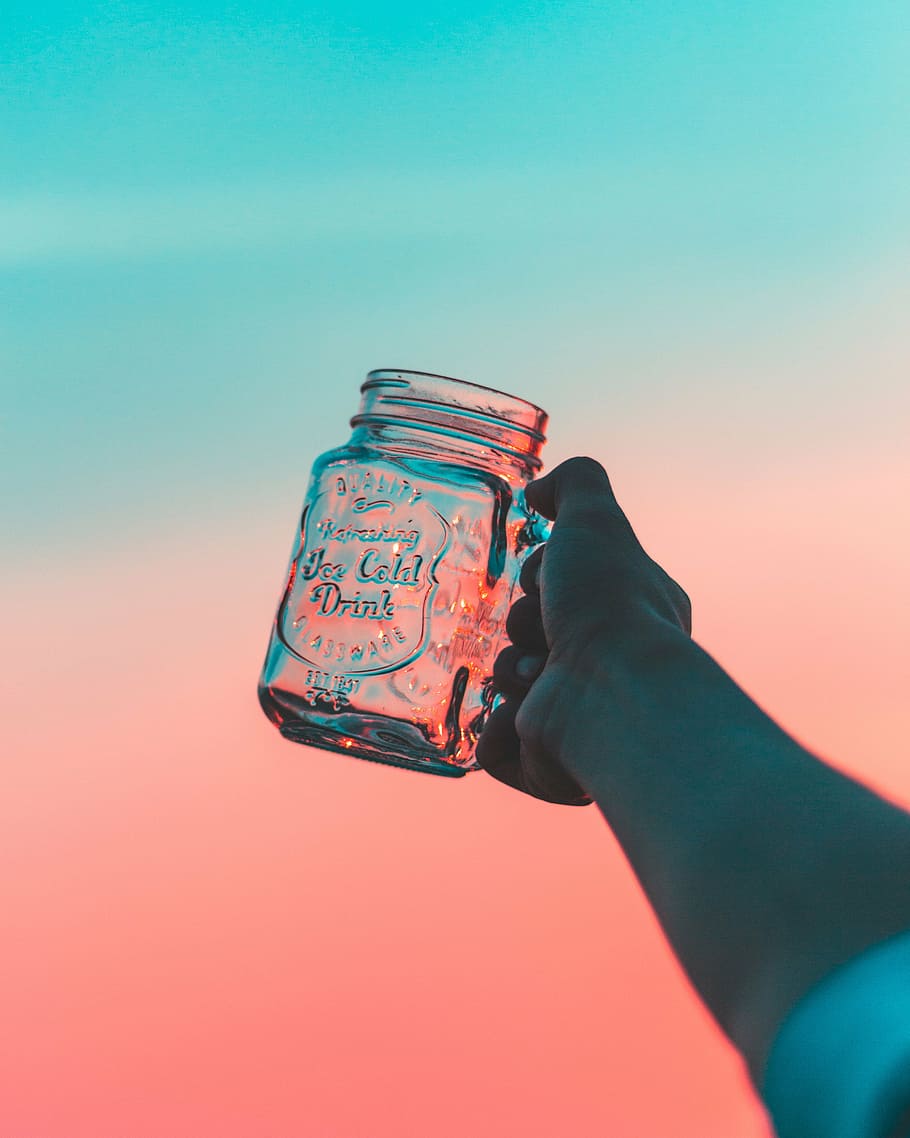 clear mason glass mug, sky, sunset, hand, arm, jar, string HD wallpaper