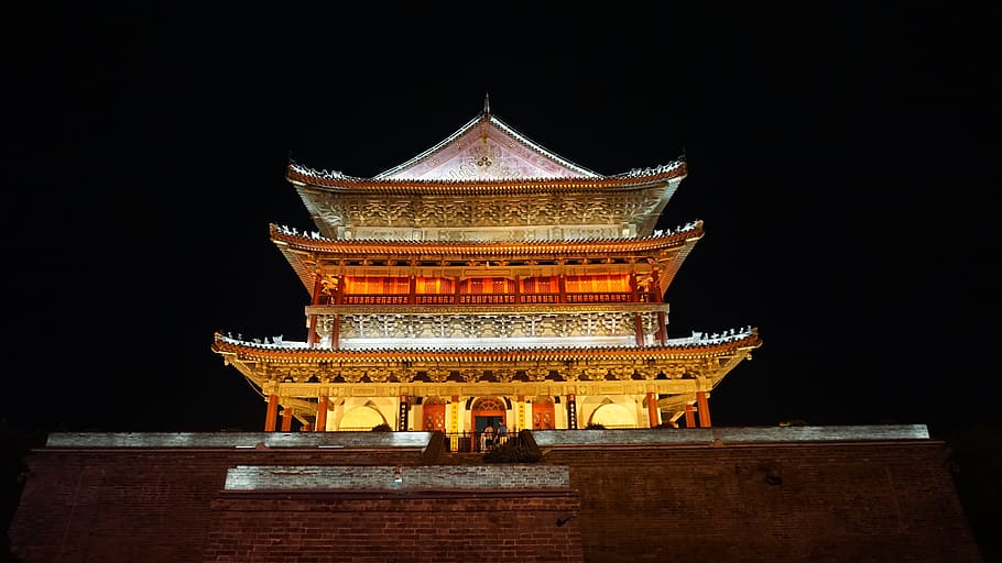 xi'an, ancient, tower, architecture, illuminated, night, built structure HD wallpaper