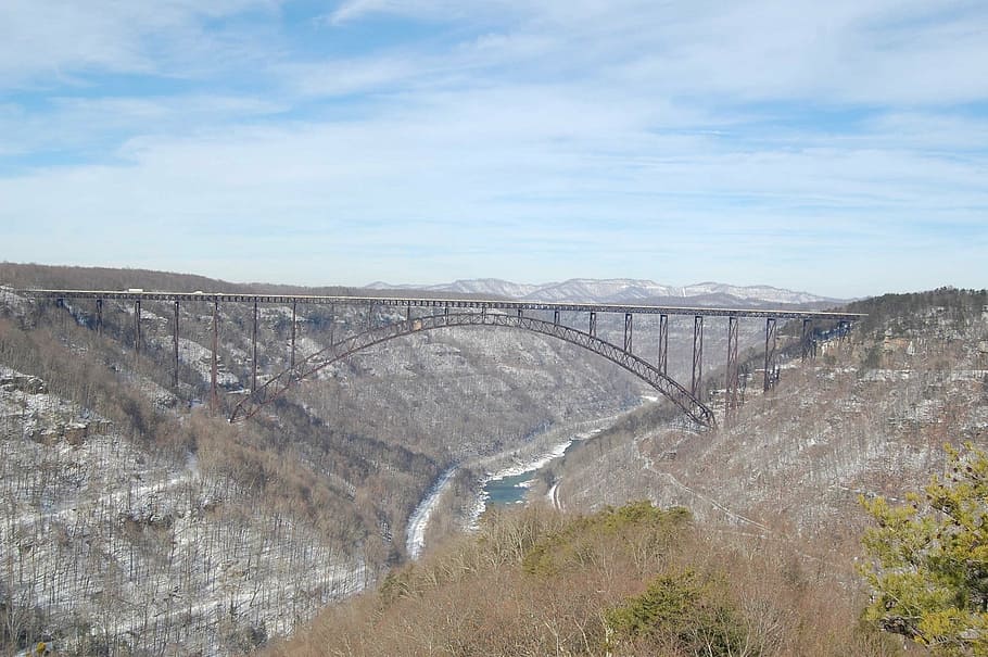 new river gorge, bridge, scenic, trees, winter, valley, mountains, HD wallpaper