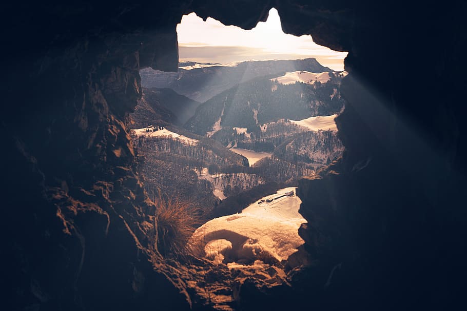 landscape photography of mountains, cave, rock, sunlight, nature HD wallpaper