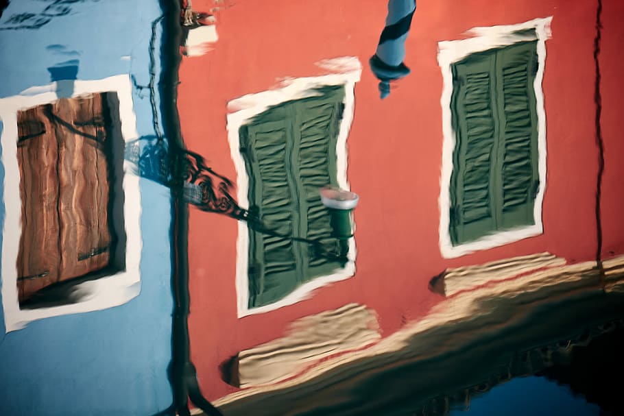 painting of red building, green wooden window, water, shutter HD wallpaper