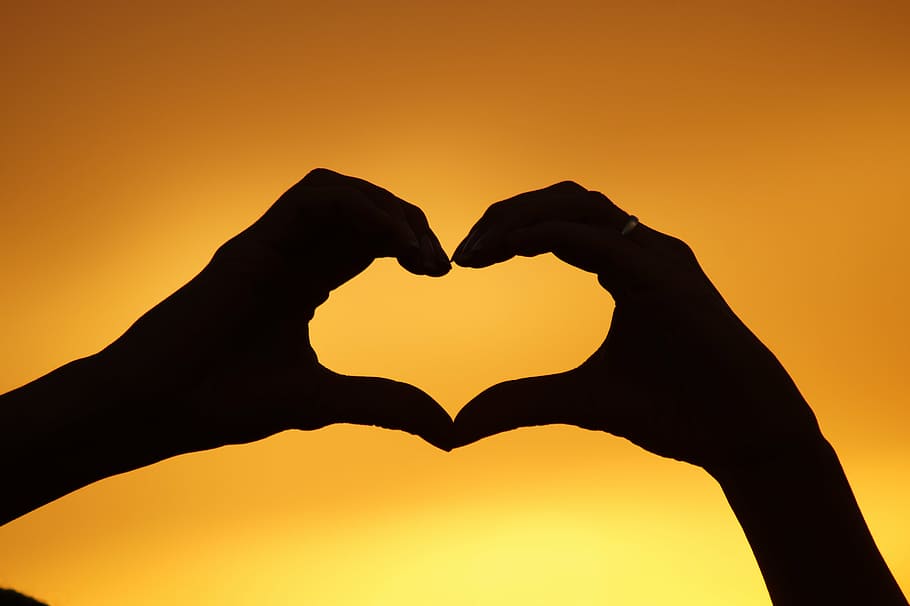 silhouette of two hands forming heart, west, love, trust, eternity, HD wallpaper