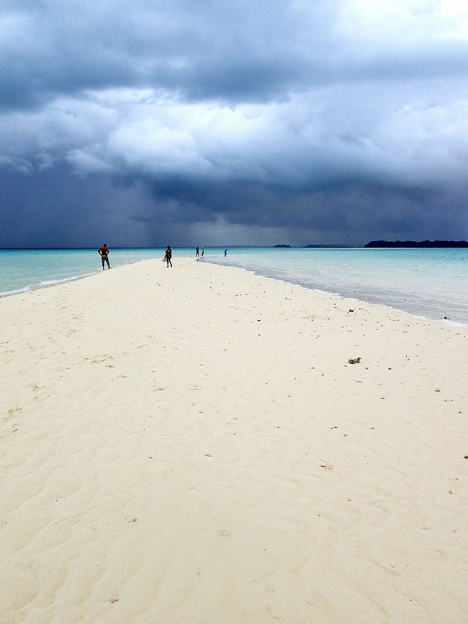 white beach, plank, marine, dark clouds, sea, sand, vacations HD wallpaper