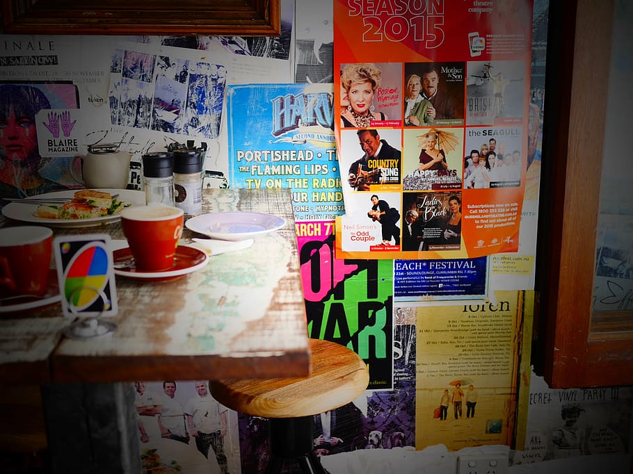 cafe, interior, wooden table, modern, hipster, decoration, text HD wallpaper