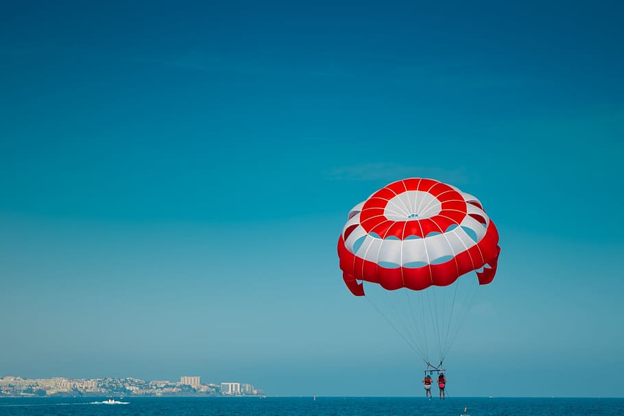 Fun, Balloon, Sport, Beach, Fly, summer, red, white, sky, boat HD wallpaper
