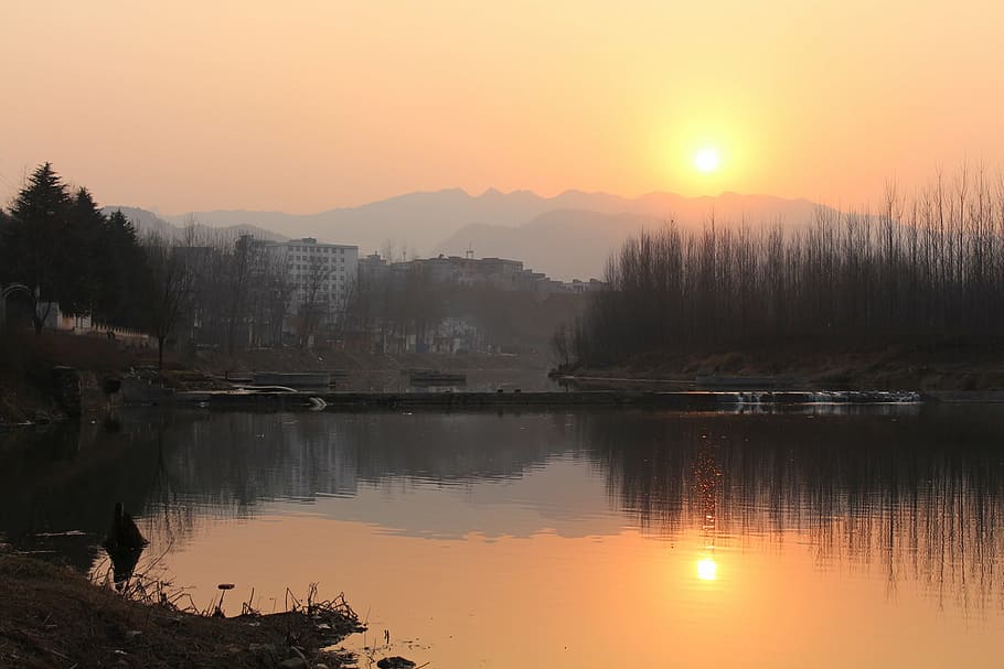 sunset, ferry, distant hills, riverside, reflection, nature HD wallpaper
