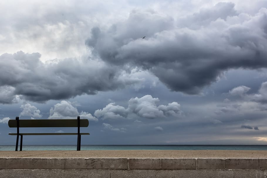 brown wooden bench near body of water under cloudy sky, sea HD wallpaper