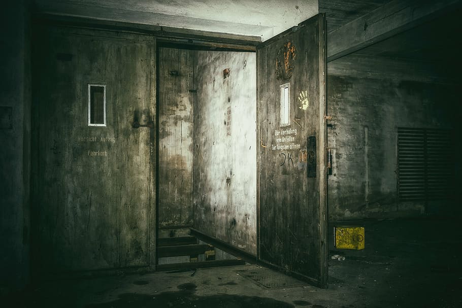 opened door, lost places, keller, elevator, underground, dark, HD wallpaper