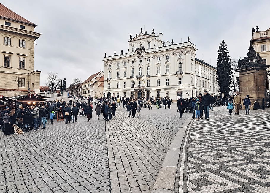 people walking on road near buildings, pavement, cobblestone HD wallpaper