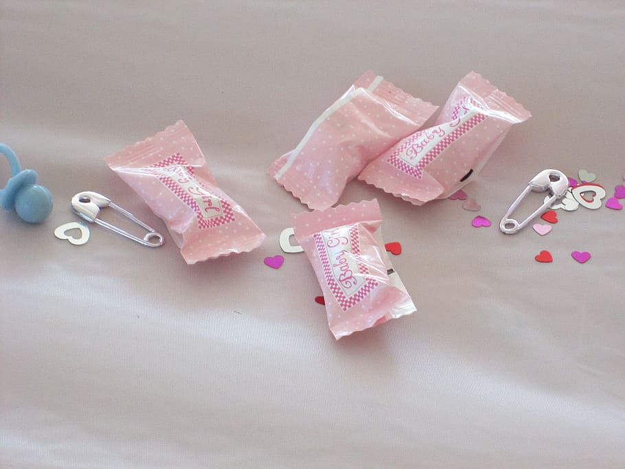 four pick candy packs near safety pins, baby, pink, shower, girl, HD wallpaper