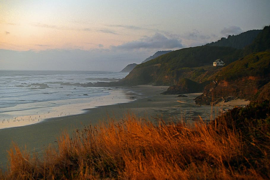 body of water and mountain, oregon, coast, pacific, seashore HD wallpaper