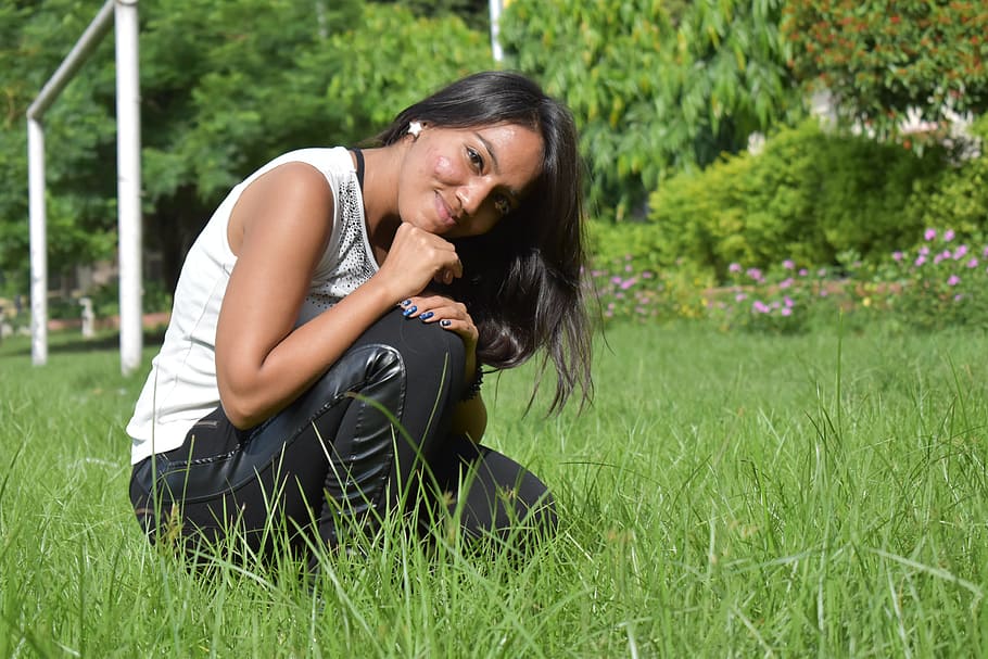 indian girl, stylish, poser, grass, plant, women, one person