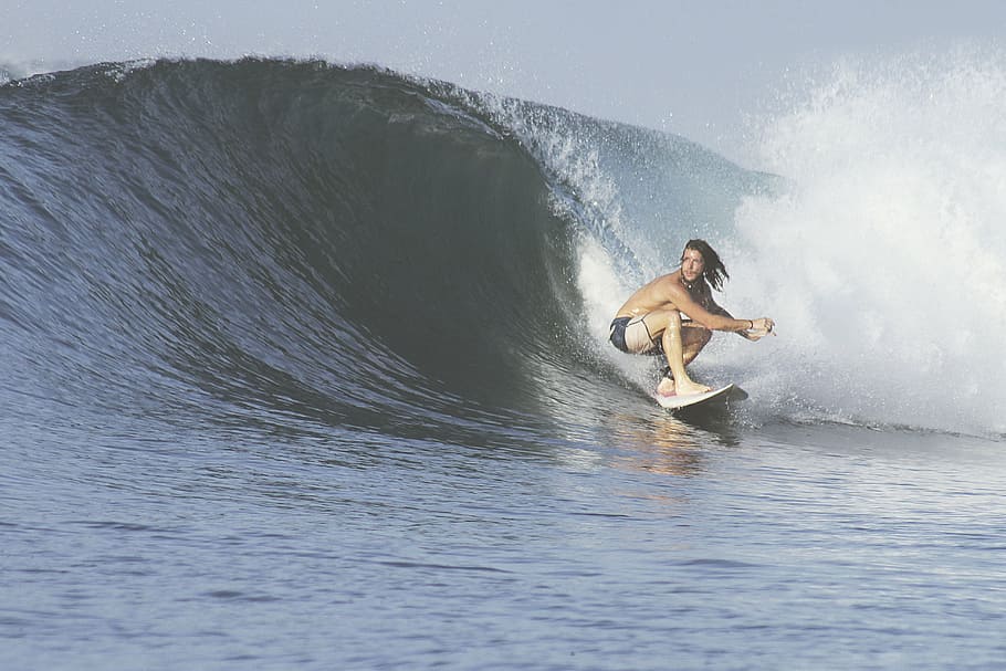 man on white surfboard on wave, people, waves, ocean, sea, beach HD wallpaper