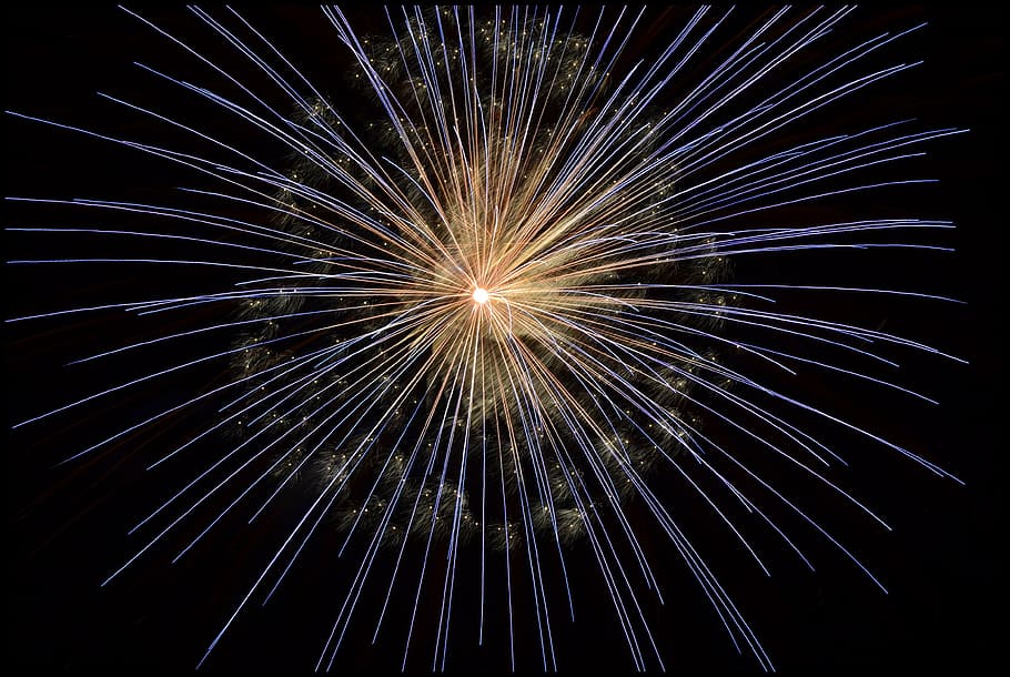 Yellow Blue Fireworks, beautiful, bright, dark, illuminated, lights HD wallpaper