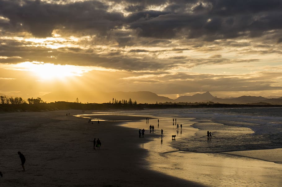 people on seashore during golden hour, beach, cloud, sunset, coastline HD wallpaper