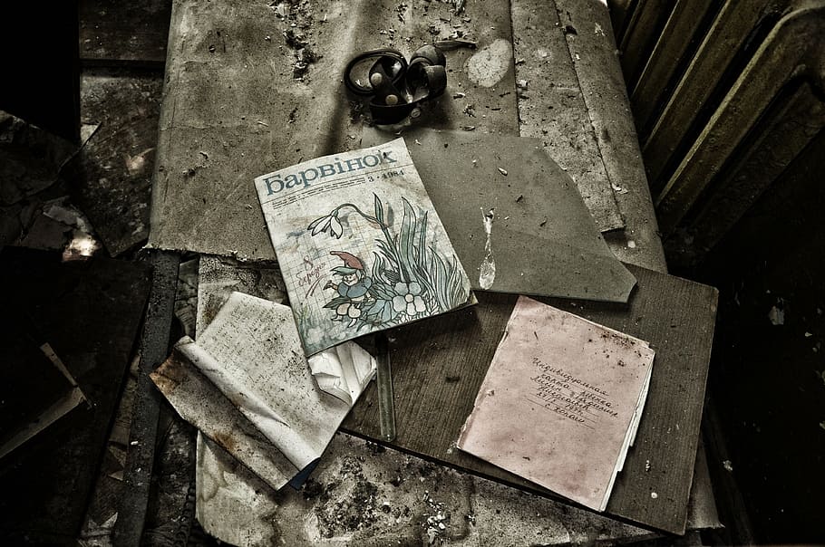 pripyat, chernobyl, no people, indoors, old, paper, wood - material HD wallpaper