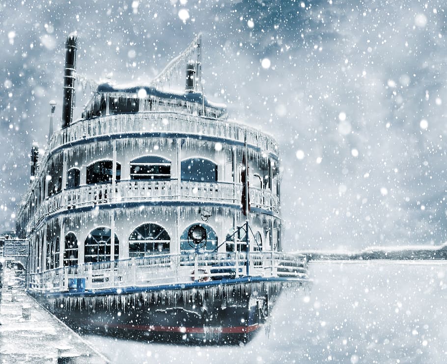 boat, snow, ship, steamer, art, ice, cold, nature, winter, vintage HD wallpaper