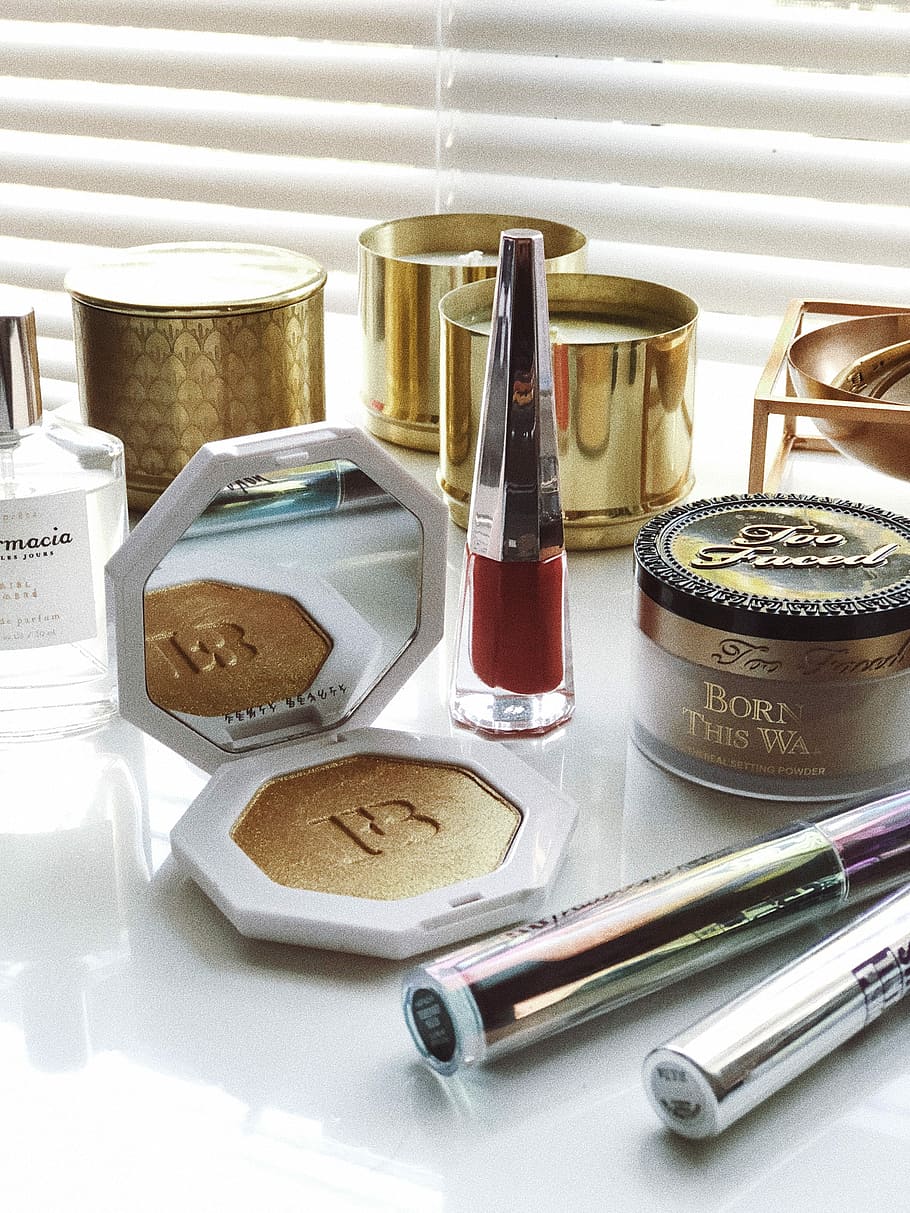 assorted makeup, assorted cosmetics bottle near white window blinds HD wallpaper