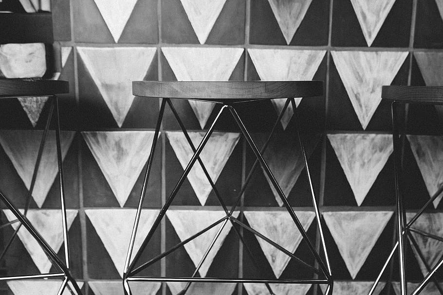 black bar stool beside black wall, chair, triangular, pattern HD wallpaper
