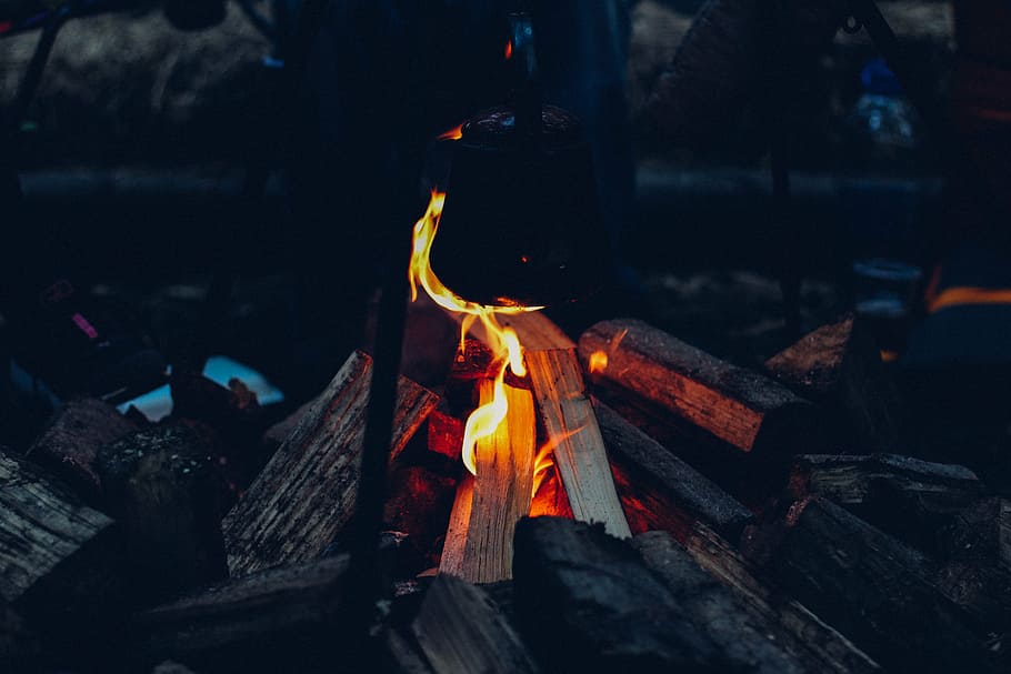 bonfire, photo, flame, nighttime, flames, wood, logs, camping, HD wallpaper