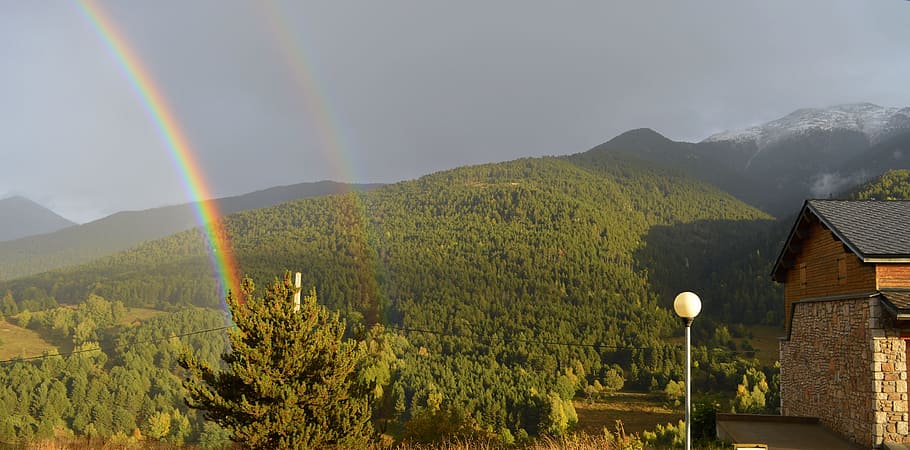 rainbow, mountain, nature, sky, trees, france, view, summit HD wallpaper