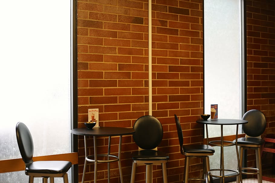 restaurant, seats, table, chairs, brick wall, no people, architecture HD wallpaper